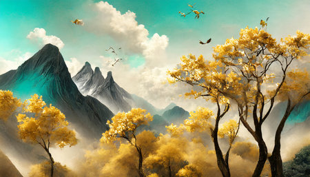 brown trees with golden flowers and turquoise black and gray mountains in light yellow background with white clouds and birds 3d illustration wallpaper landscape artの素材