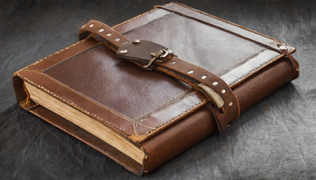 aged leather book cover design with closure belts captured isolatedの素材