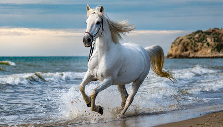 beautiful white horse galloping along the beach generative aiの素材