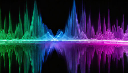 abstract sound waves in green blue and magenta on a black backgroundの素材