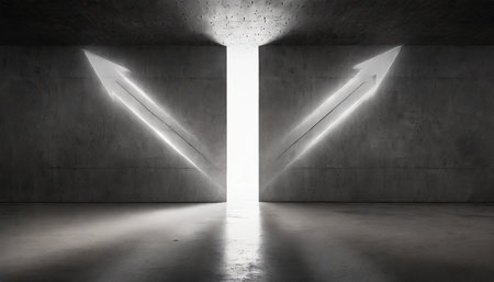 abstract empty modern concrete room with double arrow opening backlit from above and rough floor industrial interior background templateの素材