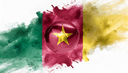colorful cameroonian flag green red yellow color holi paint powder explosion isolated white background cameroon africa qatar celebration soccer travel tourism conceptの素材