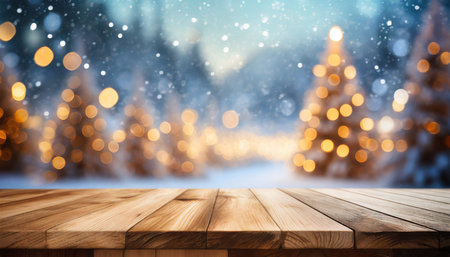 beautiful winter christmas background with empty wooden table for product display blurred background with xmas lights copy space generative aiの素材