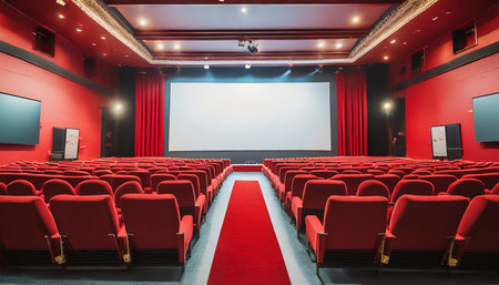 empty cinema in red color with white blank screenの素材