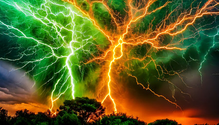 orange and green lightning hitting each other colorful lightning forcce of natureの素材