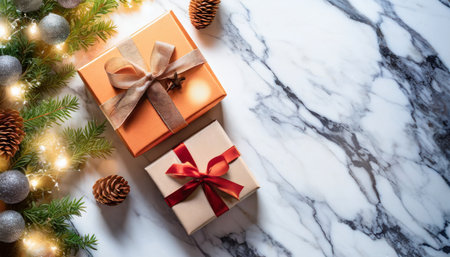 christmas gifts on white marble background with copy space festive xmas greeting card with flat lay style holiday season conceptの素材