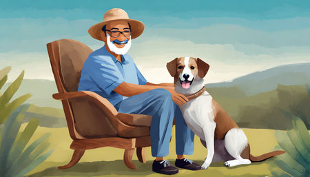illustration of an old man in a chair with his dog generative aiの素材