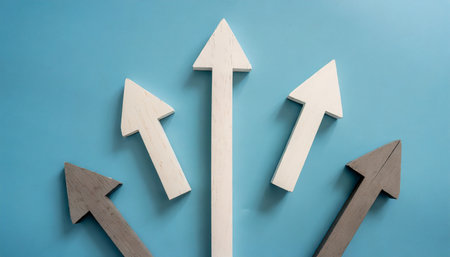 many arrows pointing in different directions with one arrow showing main direction over blue background solution strategy plan or success conceptの素材