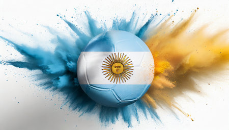 colorful argentinian flag cyan blue yellow color holi paint powder explosion isolated white background argentina south america qatar celebration soccer travel tourism conceptの素材
