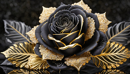 a black rose with intricate gold silver detailing a luxurious elegant display of beautyの素材