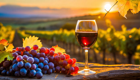 glass of wine and grapes in the vineyard at sunset generative aiの素材