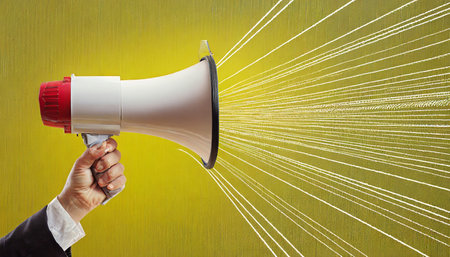 yellow megaphone or bullhorn with lines over yellow background business announcement or communication conceptの素材