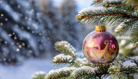 bright ball on a spruce branch of a christmas treeの素材