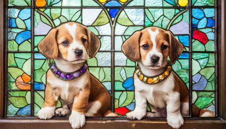 stained glass window with cute puppy dogs generative aiの素材
