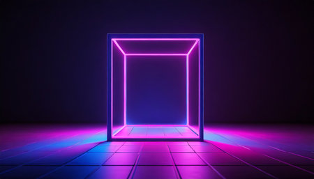3d render abstract ultraviolet background pink violet neon cube perspective view simple square geometric shape cubic cage stand inside the dark empty generative aiの素材