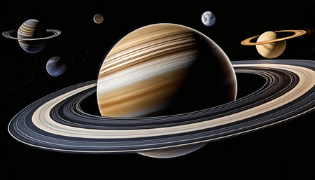 saturn planets in deep space with rings and moons surrounded isolated on black backgroundの素材