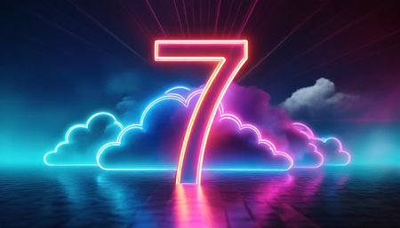 3d render neon linear number seven and colorful cloud glowing with pink blue neon light abstract fantasy backgroundの素材
