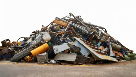 scrap metal heap at recycling junk yard png isolated on white backgroundの素材
