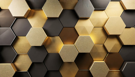 abstract futuristic luxurious digital geometric technology hexagon background banner illustration 3d glowing gold brown gray and black hexagonal 3d shape texture wall generative aiの素材