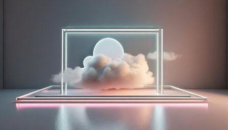 3d rendering abstract minimalist background of pastel cloud and blank linear square frame glowing with neon light simple geometric wallpaperの素材