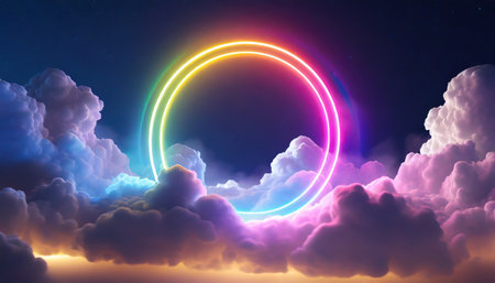 3d render colorful neon ring glowing inside the stormy cloud on the dark sky abstract backgroundの素材