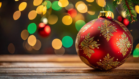 christmas ornament on wooden table with blurred lights background with copy spaceの素材