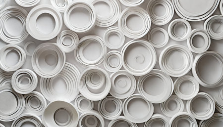 many concentric random offset white rings or circles background wallpaper banner flat lay top view from above with copy spaceの素材