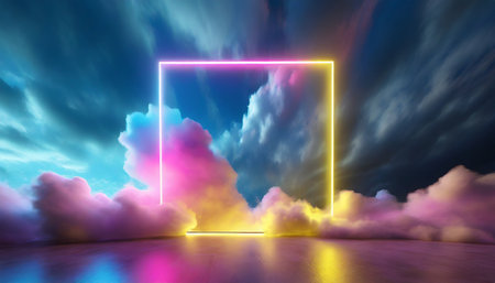 3d render abstract minimal background with pink blue yellow neon light square frame with copy space illuminated stormy clouds glowing geometric shapeの素材