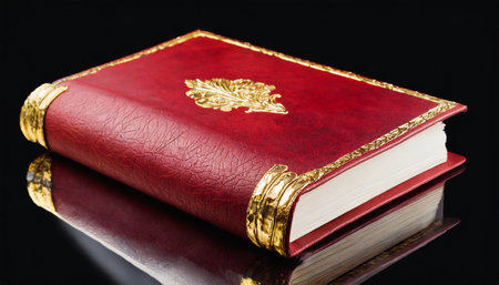 red leather cover of elegant journal with gilded pages captured isolatedの素材