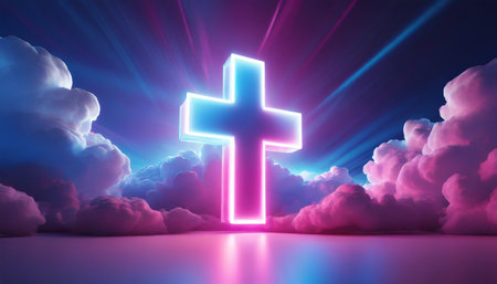 3d render mystical cloud and cross sign glowing with pink blue neon light abstract backgroundの素材