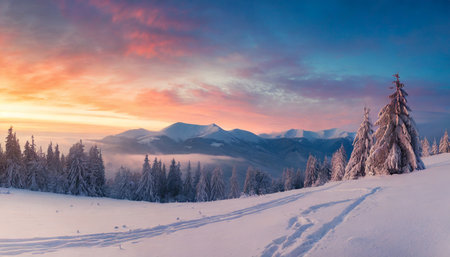 panorama of the winter sunrise in the mountainsの素材