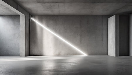 abstract empty modern concrete room with diagonal light stripe in the wall pillar and rough floor industrial interior background templateの素材