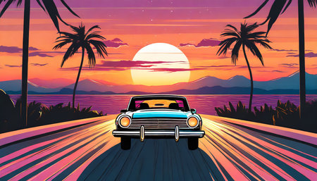 summer vibes 80s style illustration with car driving into sunset generative aiの素材