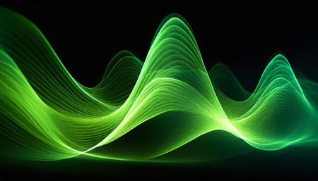 green abstract sound waves on a black backgroundの素材