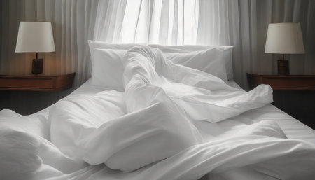 close up top view of white bedding sheet and wrinkle messy blanket in bedroom after wake up in the morningの素材