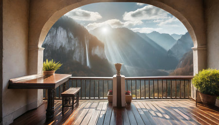 fabulously beautiful view from the terrace to the mountain waterfall photo wallpapers wallpaper on the wallの素材