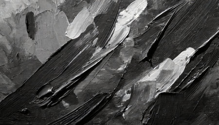 closeup of abstract rough black gray dark colored art painting texture with oil brushstroke pallet knife paint on canvasの素材