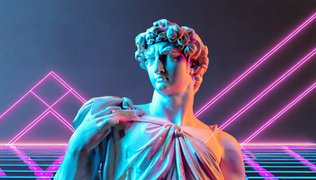 vapor retro synth wave greek statue of david with neon light background design style conceptの素材