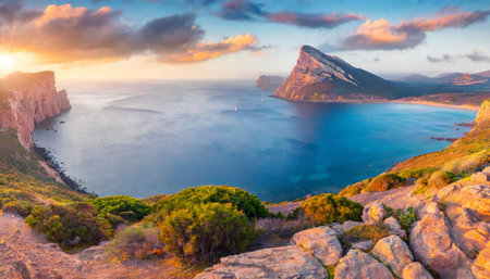 panotamic view of caccia cape astonishing spring sunrise on sardinia island italy europe attractive morning seascape of mediterranean sea beauty of nature concept backgroundの素材