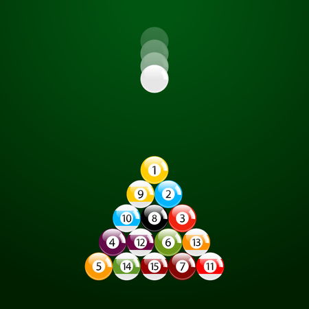 White Ball About to Hit a Set of Billiard - Pool Balls on Green Backgroundのイラスト素材