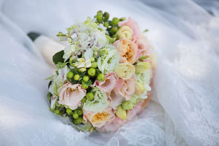 Still Life of Brides Pink Orange and White Bouquet Outdoorの写真素材
