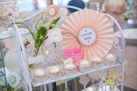 Birthday party table setting with food and Cakeの写真素材