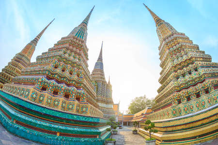 Chedis decorated with tiles, Wat Pho. Fisheyeのeditorial素材