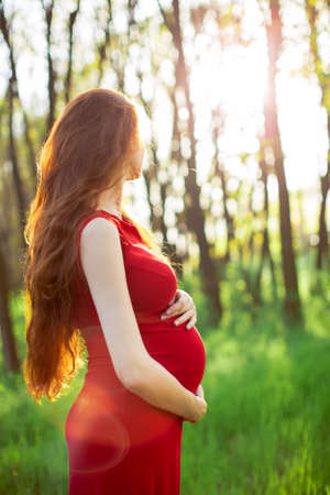 Young beautiful pregnant woman with long brown hair in red dress.