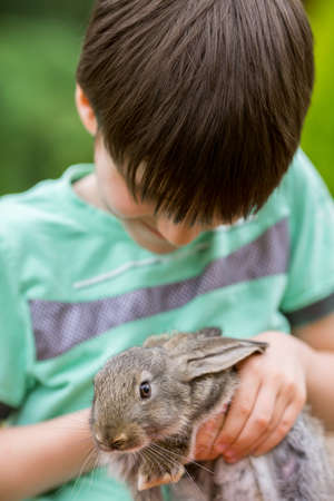 Child playing with cute baby rabbit. Friendship and protection of nature concept.の写真素材