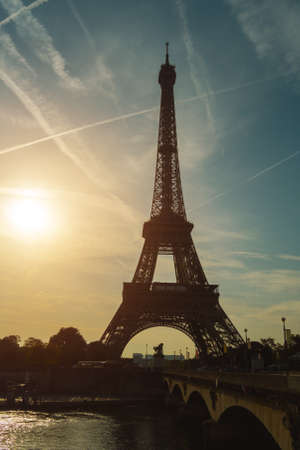 View of the Eiffel tower at sunrise, Paris, France.の写真素材
