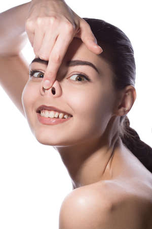 Human face expressions. Body language. Playful funny mixed race Asian Caucasian woman with crazy...