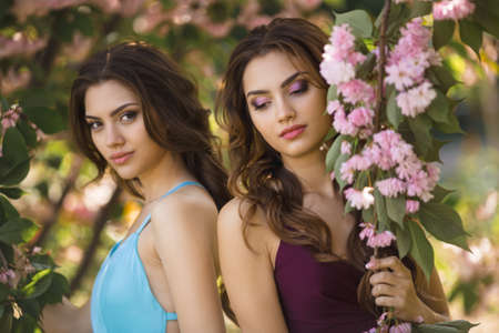 Portrait of fashionable twins models with perfect make-up and hairstyle standing near sakura blossoming tree. Spring beauty concept. Portrait shot of two gorgeous women in evening dresses with the perfect look, posing resting on nature.の写真素材