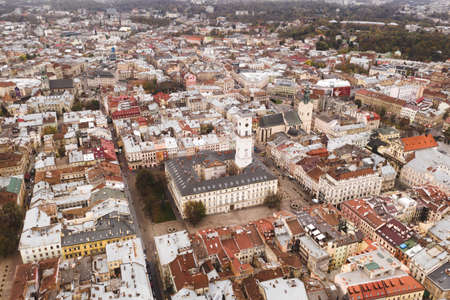 Aerial view of town hall of Lviv city in Ukraine, Europe.の写真素材