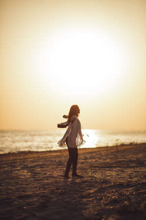 Silhouette of the Woman with Ukulele on the Beach Summer Vacationの写真素材